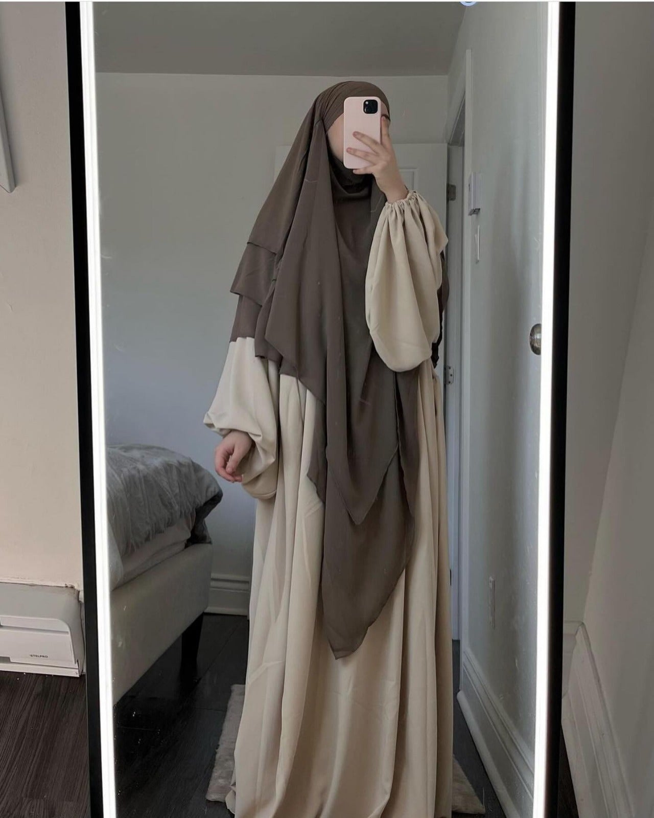 IMPORTED SOFT CEY ABAYA WITH KHIMAR